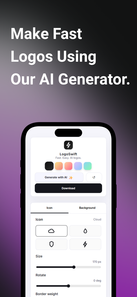 LogoSwift - Logo Maker - Interfaz de la app móvil LogoSwift mostrando generación de logos con IA y herramientas de personalización de diseño