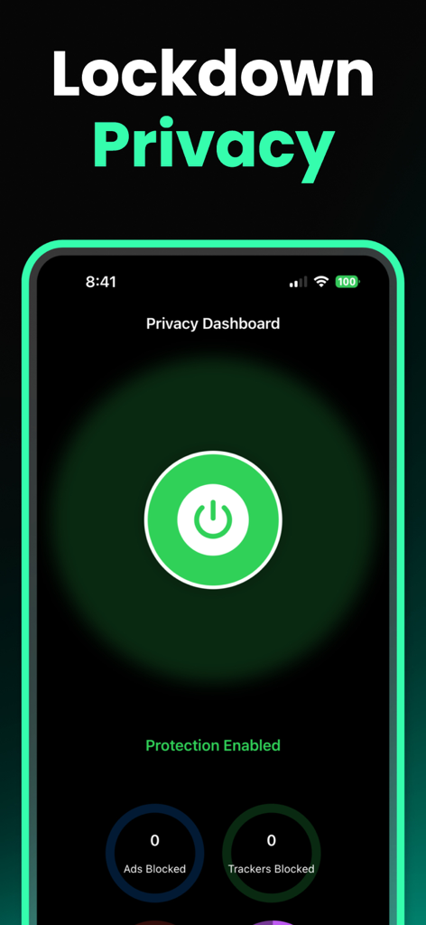 Panel de la aplicación LockDown Privacy mostrando protección habilitada con estado de anuncios y rastreadores bloqueados