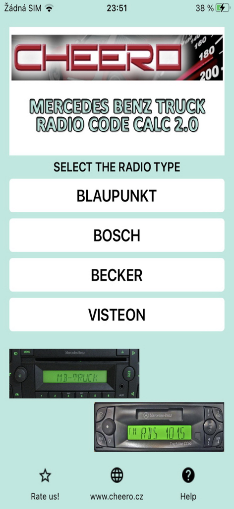 Main selection screen for Mercedes truck radio code calculator showing Blaupunkt Bosch Becker and Visteon options.