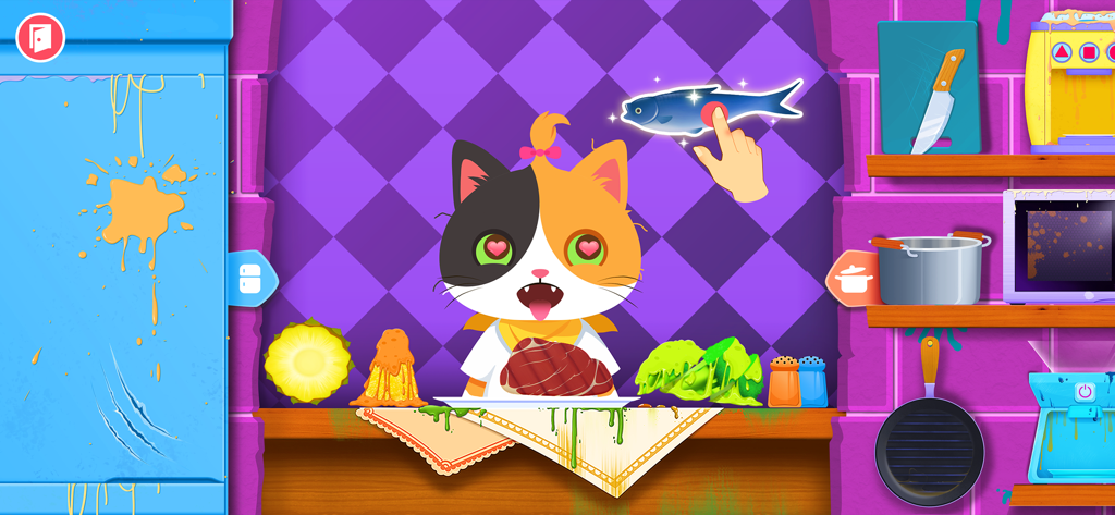 Cooking Games for kids - A cute cartoon cat in a colorful play kitchen with various food ingredients