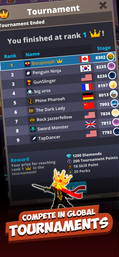 Tap Titans 2 - Hero Legends - A leaderboard screen in Tap Titans 2 showing a player at rank one in a global tournament with various rewards.