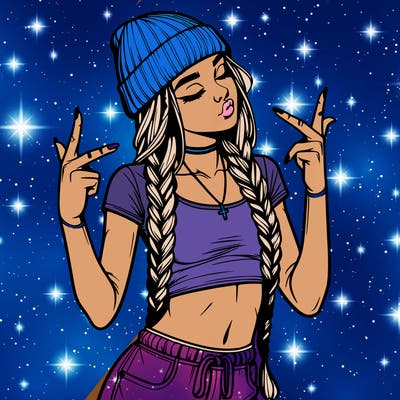 realistic teenage girl with braids and a beanie and crop top doing 🫶🏼