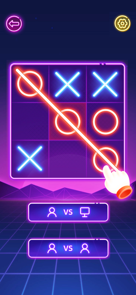 Tic Tac Toe - 2 Player Games - A neon Tic Tac Toe game interface with a winning diagonal line through circles and mode selection buttons.