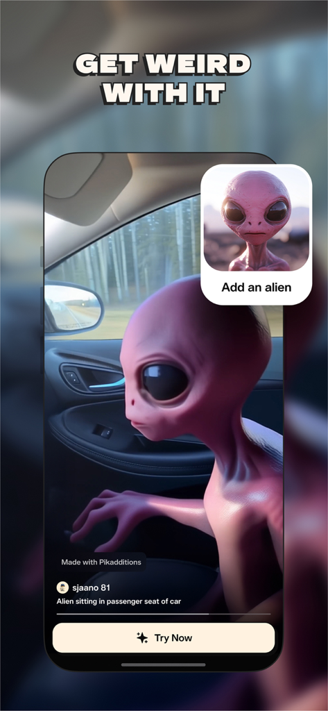 Pikaffects by Pika - Pikadditions 기능을 사용하여 자동차 조수석에 앉아 있는 외계인의 AI 생성 핑크색 영상
