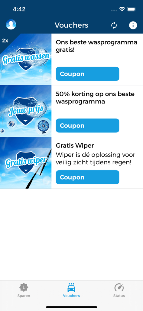 Loogman - WasApp - Mobiler Bildschirm der Loogman Autowasch-App, der verfügbare Gutscheine und Rabattcoupons für verschiedene Waschprogramme anzeigt
