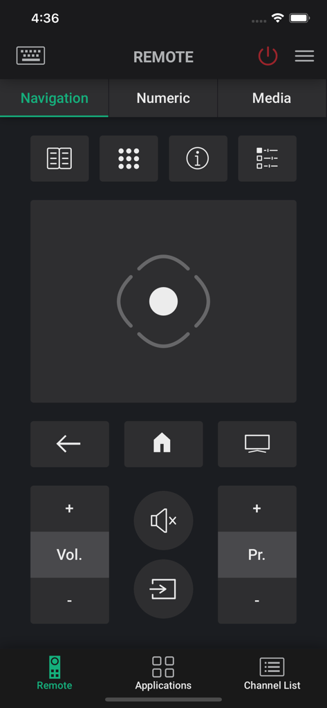 Grundig Smart Remote app navigation interface with directional pad and volume controls