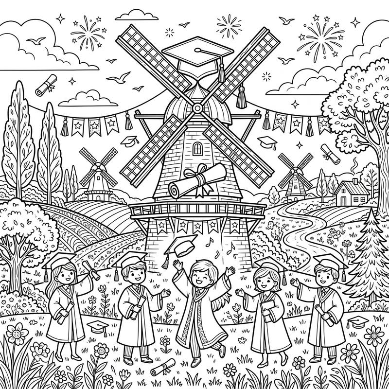 Embrace the joy of achievement with this unique coloring page, blending the timeless charm of windmills with the festive spirit of graduation day. Discover happy graduates amidst a scenic rural landscape, ready to be brought to life with your colors.