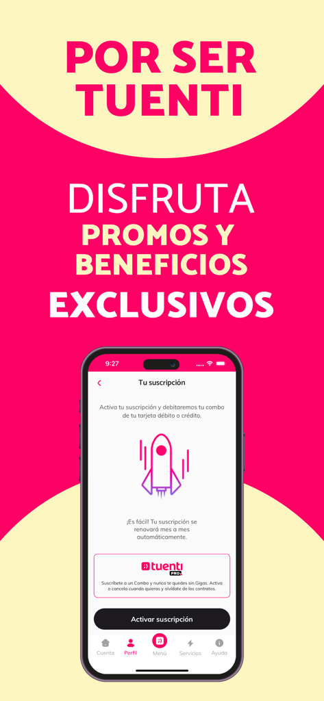 Interfaz móvil de la App Tuenti mostrando la activación de suscripción y promociones exclusivas