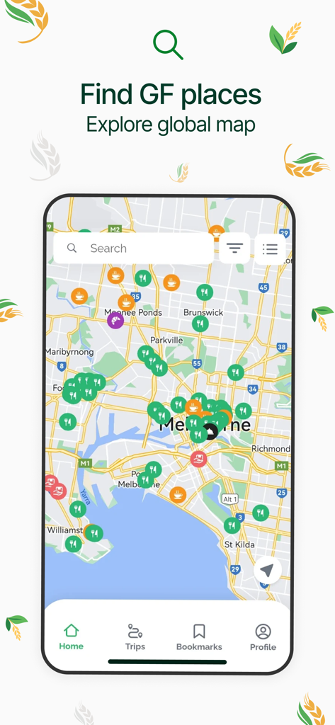 Vista de mapa de la aplicación Gluten Free Global que muestra pines de restaurantes y cafés seguros en Melbourne.