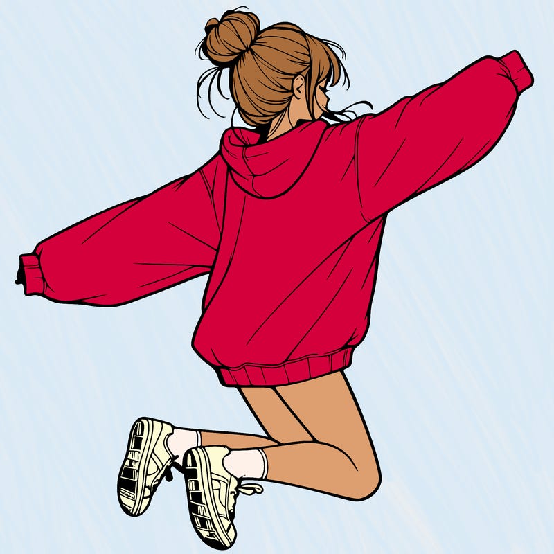 realistic girl jumping with a bun and oversized sweatshirt