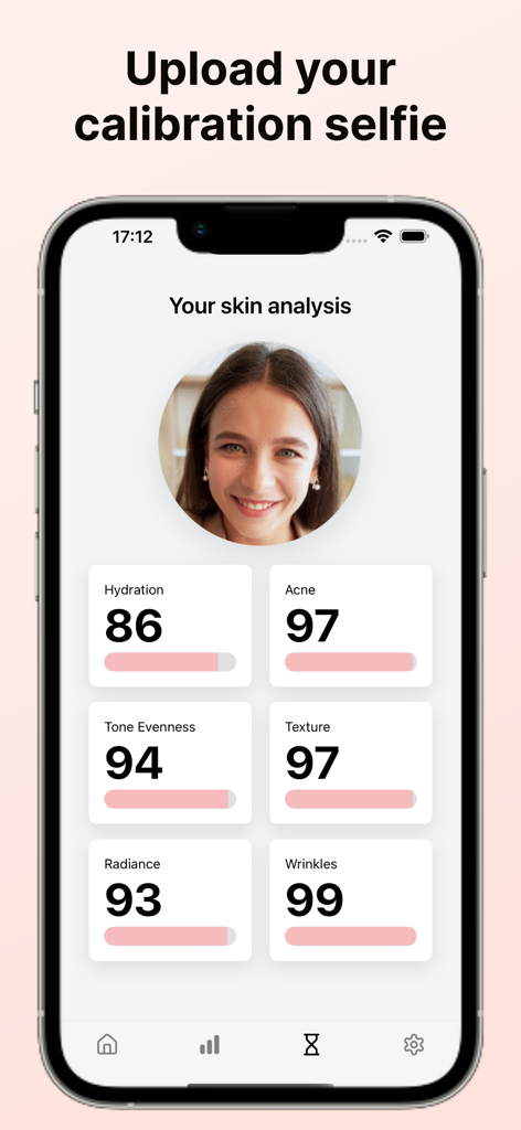 Skincare Scanner - SkinGlow AI - Mobile app interface showing a skin analysis report with various health scores based on a user selfie
