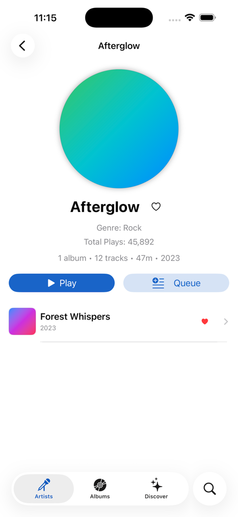 Artist profile page for Afterglow in the Cadence music player showing album information and playback buttons