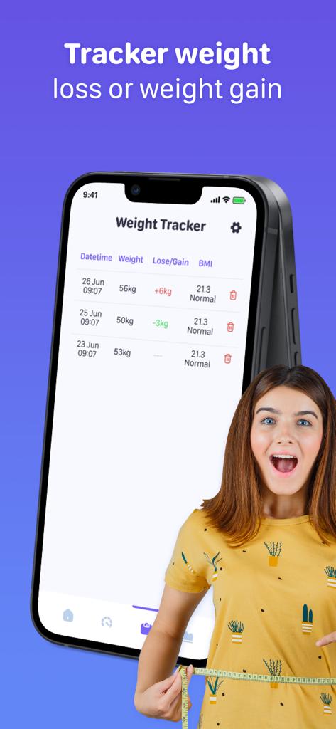 BMI Calculator - HealthTracker - An app interface showing a weight tracking log alongside a happy woman using a measuring tape