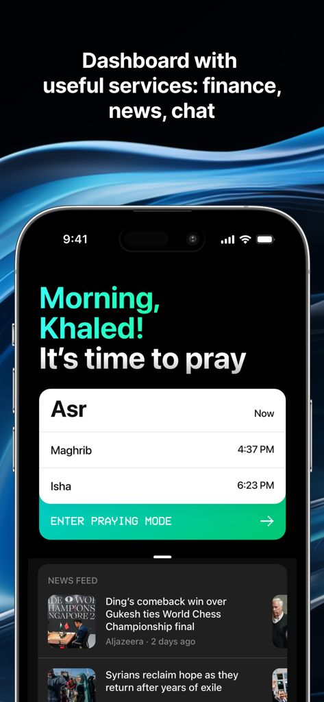 MM Chat: Muslim Social App - Painel do aplicativo MM Chat mostrando saudação personalizada, horários de oração e feed de notícias