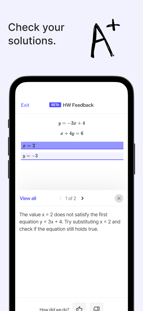 Campus - AI Learning Companion - A smartphone showing the Campus AI app providing feedback and corrections for a math homework problem.