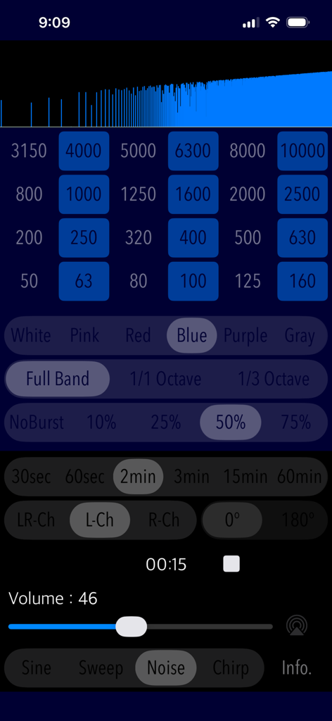 Oberfläche von Audio Tone Generator Plus mit Blau-Rauschen und Oktavbandfilter-Einstellungen für professionelle akustische Tests.