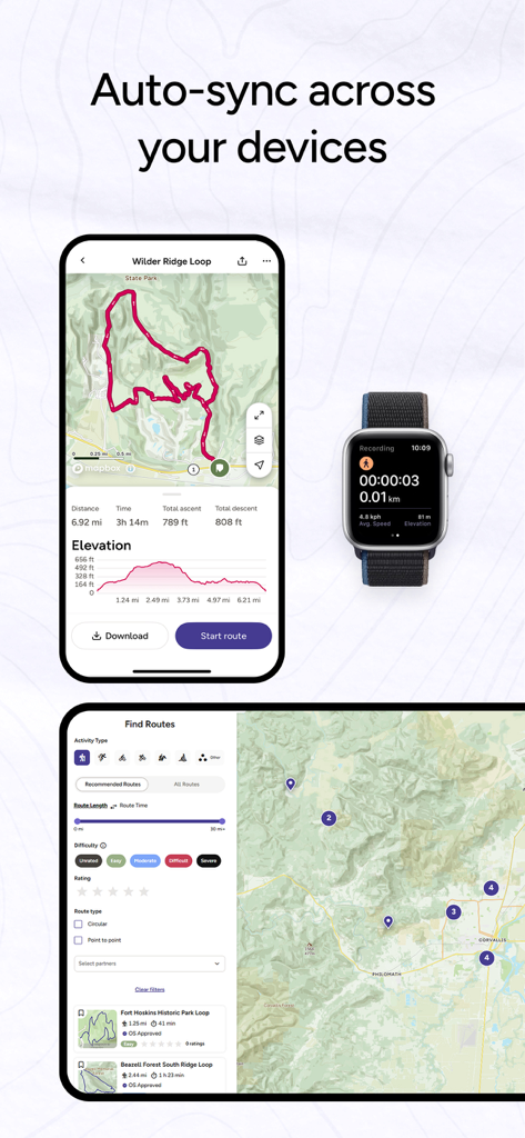 OS Maps: Walk, Hike, Run, Bike - Interfaz de la aplicación OS Maps sincronizada en iPhone, Apple Watch y tableta mostrando detalles de la ruta y seguimiento de la actividad.