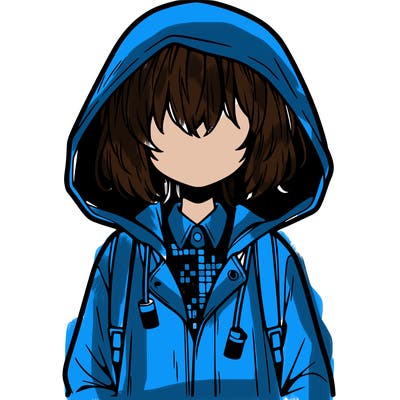 little anime girl in a raincoat her hair is covering her eyes she has a lighter