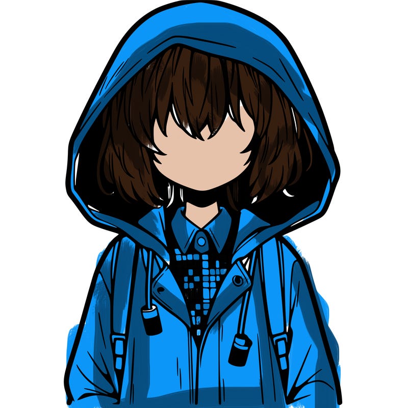 little anime girl in a raincoat her hair is covering her eyes she has a lighter