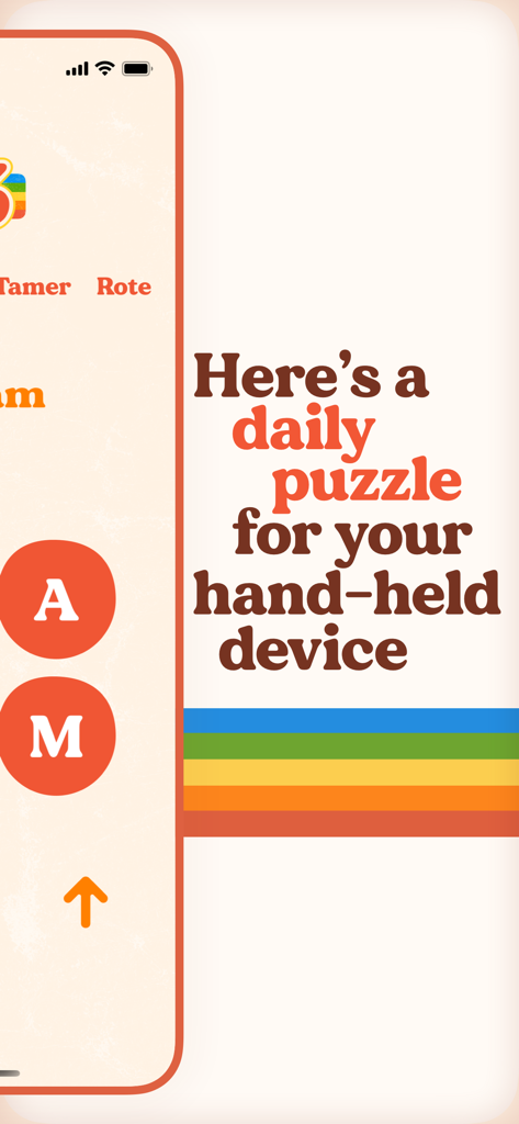 Retrogram - Retrogram mobile app interface showing a daily word puzzle with a 1970s retro design and rainbow stripes