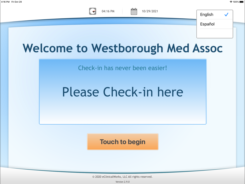 eClinicalWorks Kiosk - Welcome screen of the eClinicalWorks Kiosk app for patient check-in
