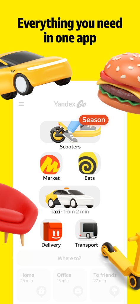 Yandex Go app interface showing icons for taxi food market and scooter services