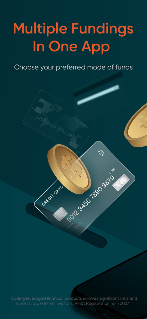 Vantage:All-In-One Trading App - Schermata dell'app di trading Vantage che promuove molteplici opzioni di finanziamento e pagamento con carte di credito e criptovalute