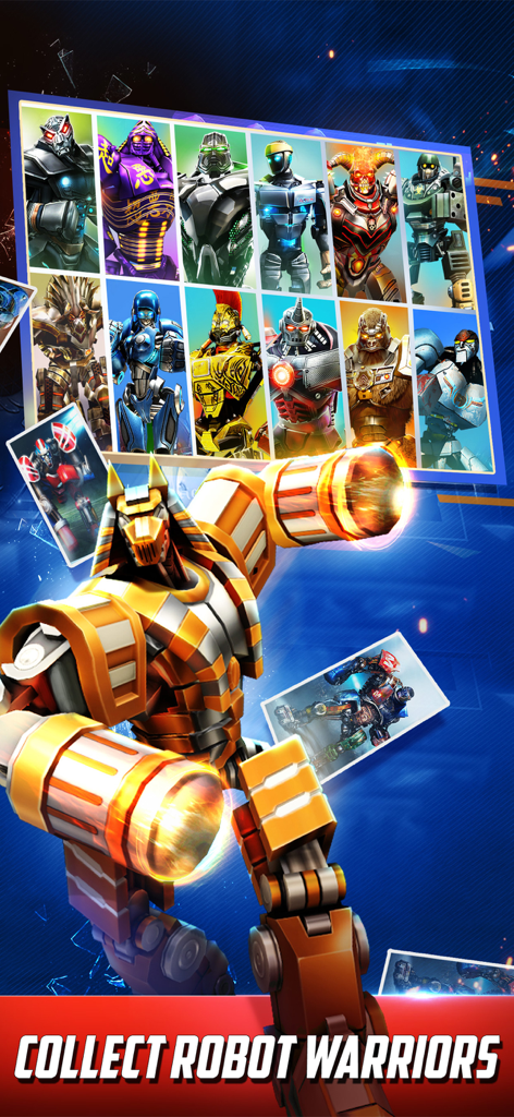 World Robot Boxing - Un luchador robot dorado y una cuadrícula de varios personajes robot con el texto Colecciona Guerreros Robot.