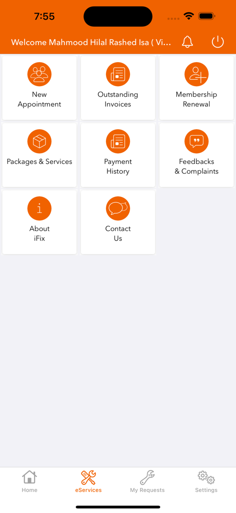 i-Fix - The eServices menu of the i-Fix app displaying icons for property maintenance tasks like appointments and invoices.