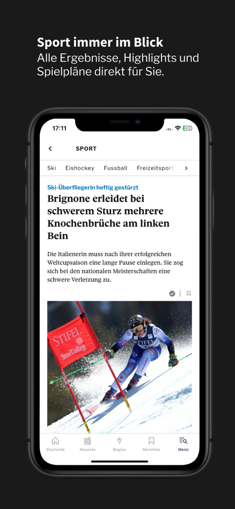 Eine mobile Oberfläche der Tages-Anzeiger App, die Sportnachrichten mit einer Skigeschichte hervorhebt.