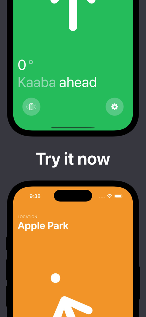 Oberfläche der Qibla-Kompass-App auf einem iPhone, die die Richtung nach Mekka und den aktuellen Standort anzeigt