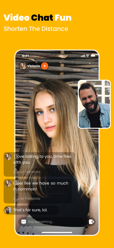 Yolo: Video Chat, Live Stream - A screenshot of the Yolo app showing a one-on-one video call between a woman and a man with real-time text chat messages.