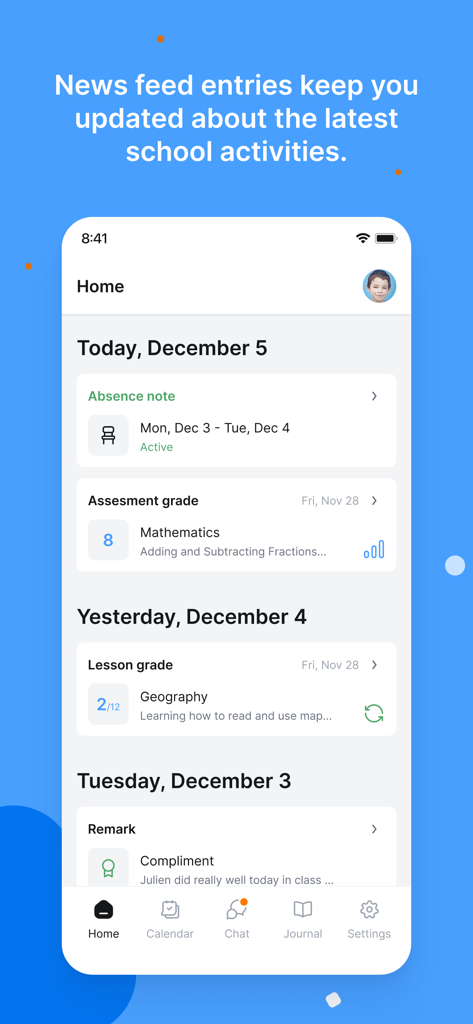eKool - eKool mobile app home screen showing a feed of school activities including grades and absence notes