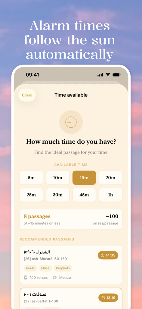 Fajr O'Clock - Alarm & Salat - Fajr O'Clock app screen showing a feature to select available time and see recommended Quranic passages for recitation.