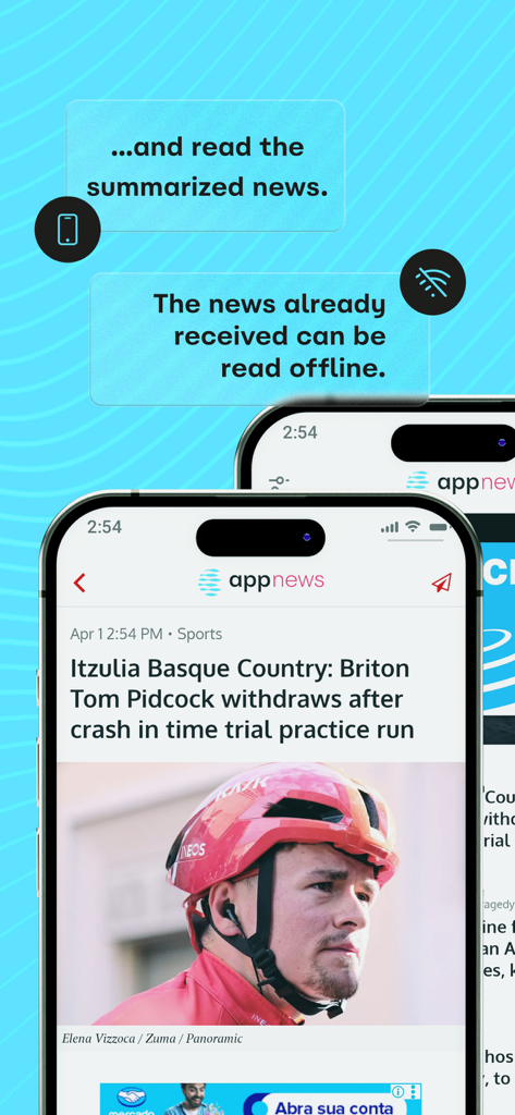 AppNews - Tela de smartphone mostrando notícias esportivas resumidas no AppNews com um indicador de leitura offline