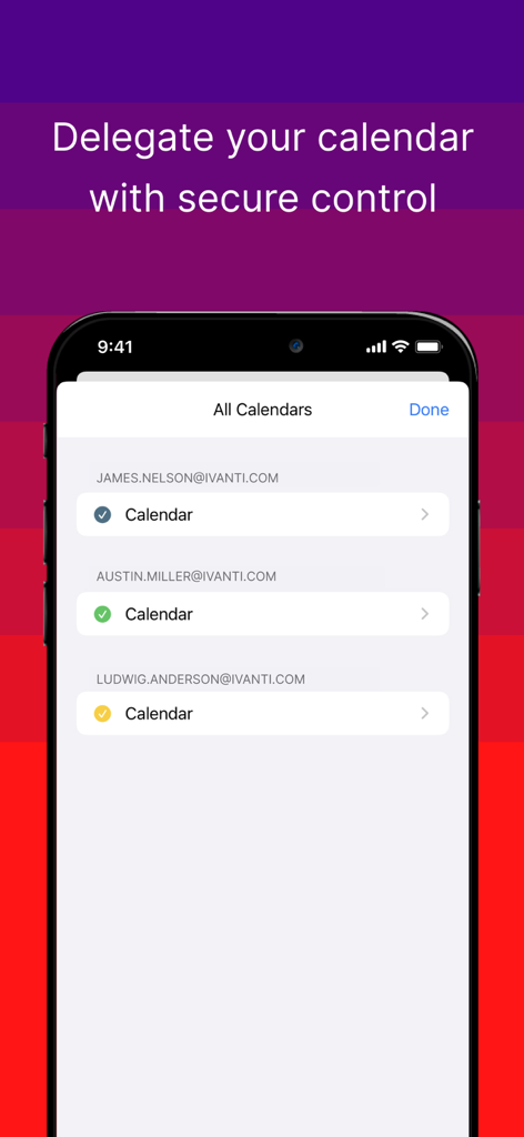 Ivanti Email+ - A screenshot of the Ivanti Email plus mobile app showing the calendar delegation screen with multiple user accounts.