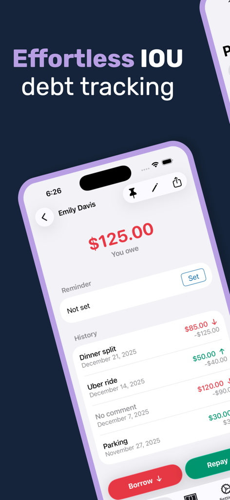 Debty app interface showing an IOU debt tracking history for a contact named Emily Davis including shared expenses like dinner splits and Uber rides.