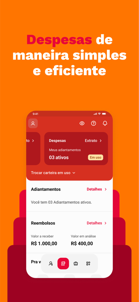 Interface de l'application mobile Caju montrant la gestion des dépenses, les avances et le suivi des remboursements en Real brésilien.