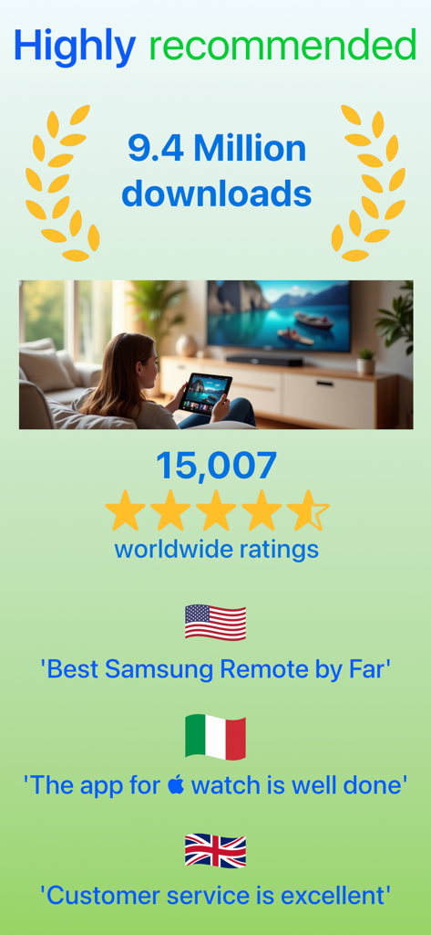 Samsung Smart TV remote myTifi - 900万ダウンロード以上と世界中の肯定的なユーザーレビューを示すmyTifiのプロモーション画面