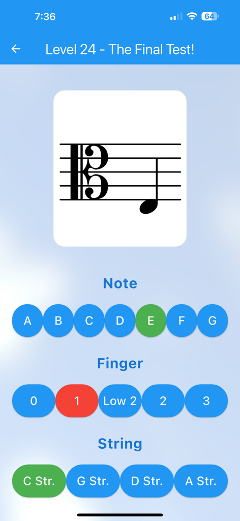 String Note Tutor - Pantalla de cuestionario de la aplicación String Note Tutor que muestra una tarjeta de memoria de nota musical con botones de selección para el nombre de la nota, el dedo y la cuerda.