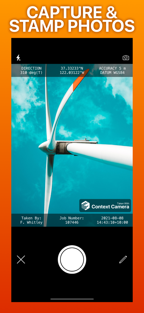 Context Camera - Interface of Context Camera app showing a photo of a wind turbine with data stamps for coordinates, direction, and job number