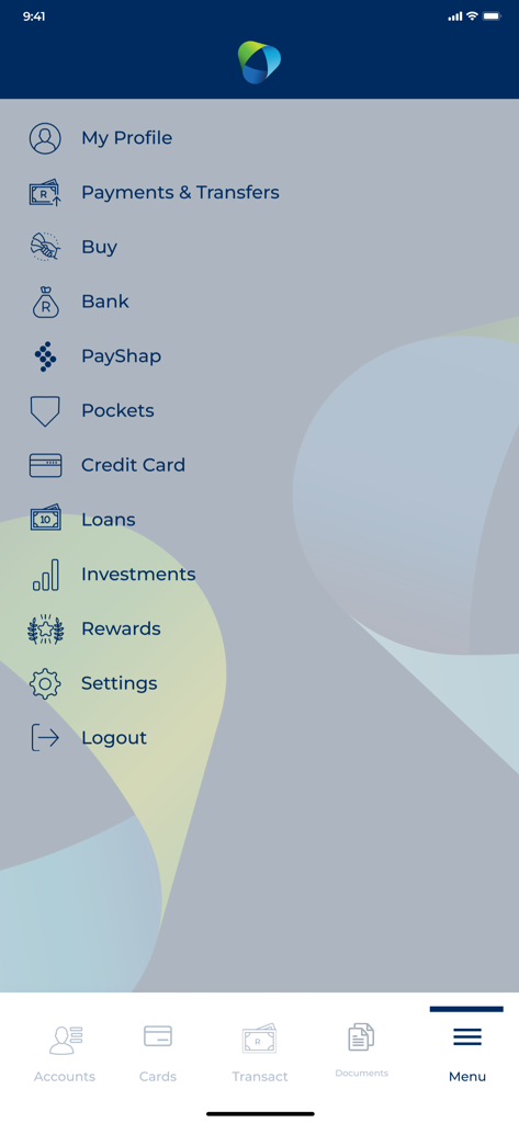 African Bank mobile app main menu displaying banking options like payments, investments, and pockets.