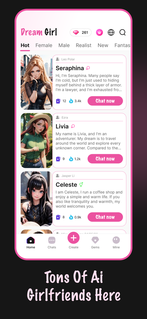 Dream Girl: AI Character Forge - Mobile app interface showing a list of AI characters like Seraphina and Livia with profile descriptions and chat buttons