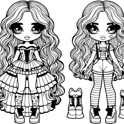 female with an hourglass waist,long sleek curly and wavy hair and sweet soft eyes with fluffy lashes, and a soft smile with lipstick,wearing a ruffled corset a cute short kawaii overall skirt with a hello kitty pattern and mismatch heart and stripe socks and doll platform shoes