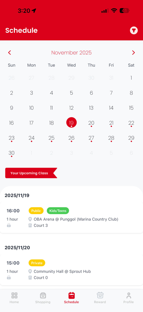 OBA Badminton App (New) - Schedule screen of the OBA Badminton App displaying a monthly calendar and upcoming training class details.