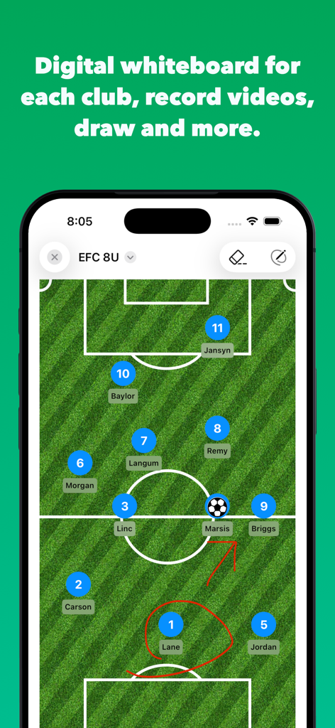 Soccer Lineup Builder Elite - Digital soccer tactical whiteboard with player positions and hand drawn annotations