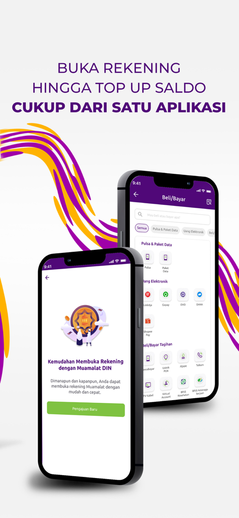 Muamalat DIN - Muamalat DINモバイルバンキングアプリの口座開設および請求書支払い画面