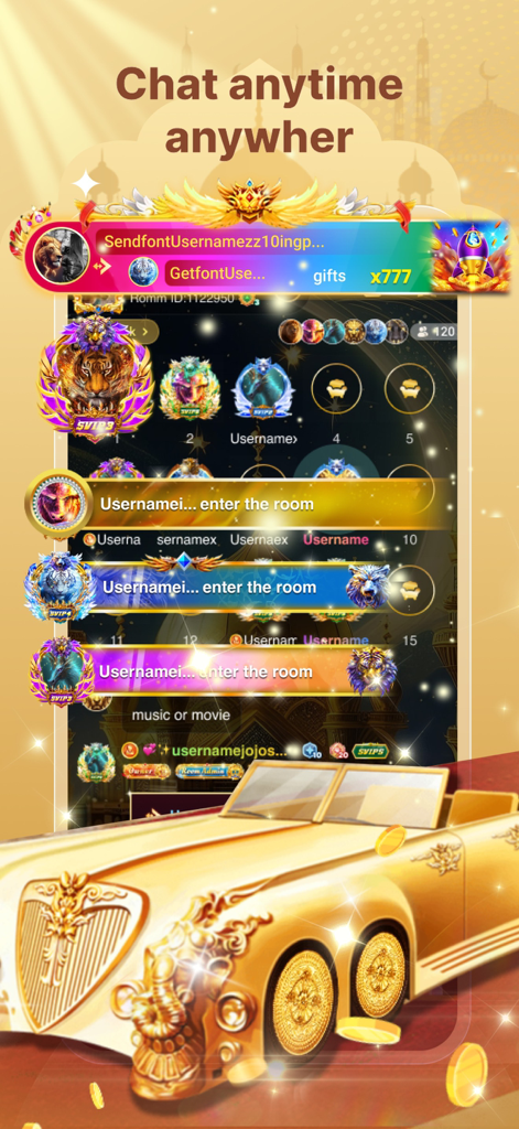 Hayuki - Travel,Chat,Share - Interface of the Hayuki app's chat room featuring decorated user avatars and a golden luxury car.