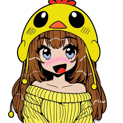 anime girl with chick shaped hat with sweater with bare shoulders with bangs covering them one eye with low tail