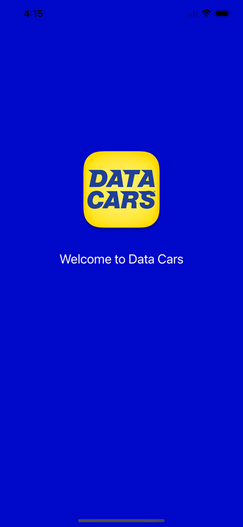 Data Cars - Splash screen of the Data Cars app featuring a yellow logo on a blue background with the text Welcome to Data Cars